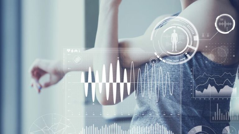Woman exercising with overlay of health information.
