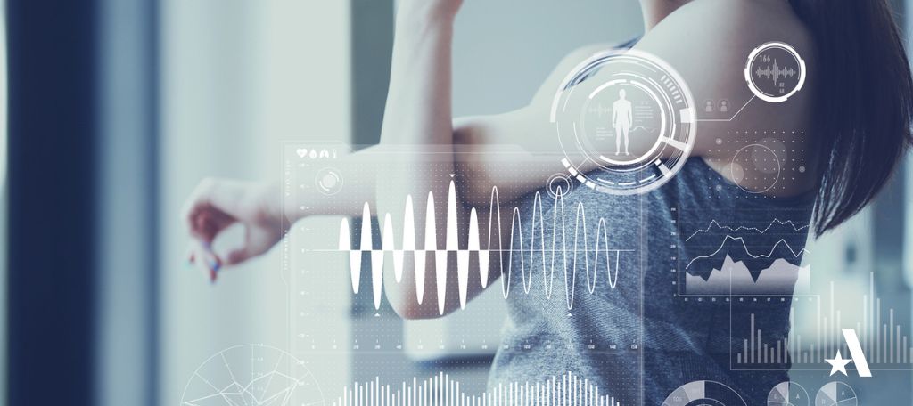 Woman exercising with overlay of health information.